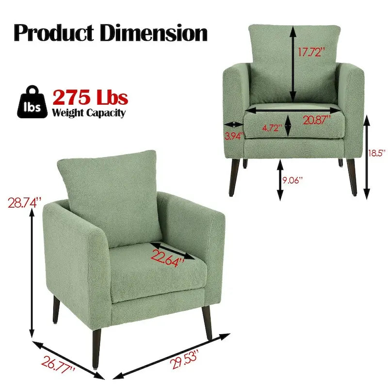 Fauteuil rembourré vert 26.77 avec pieds en bois massif