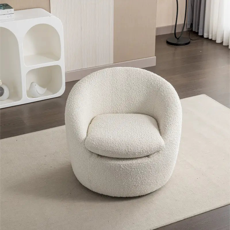 Fauteuil tonneau pivotant rembourré en tissu bouclette blanc crème 31