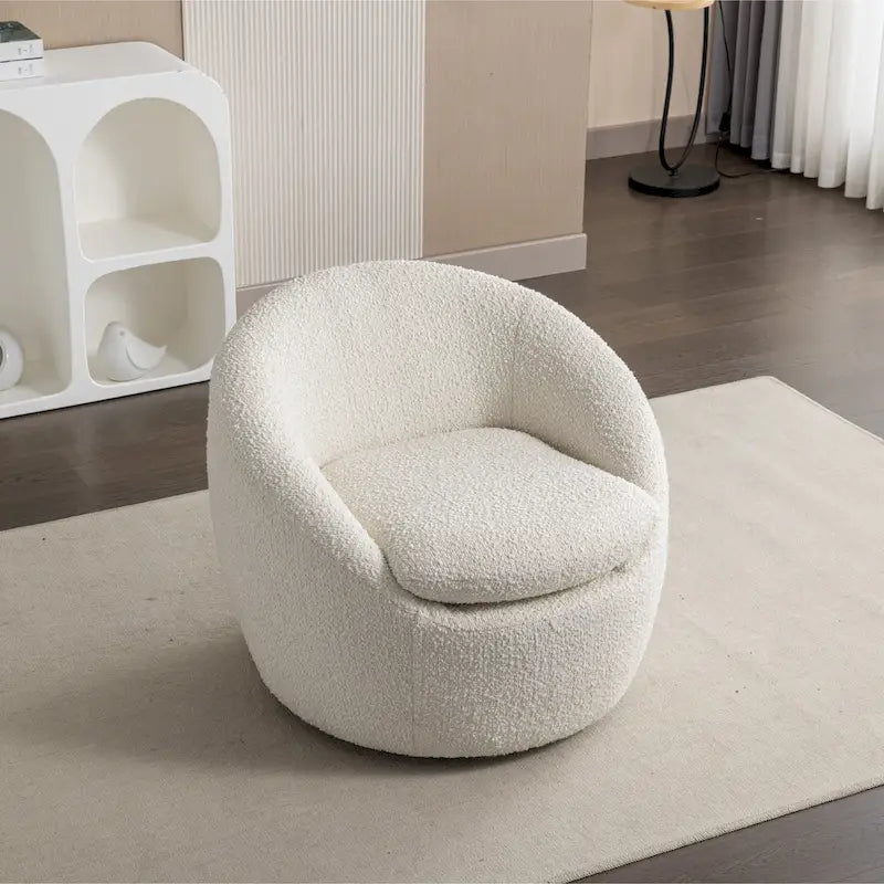 Fauteuil tonneau pivotant rembourré en tissu bouclette blanc crème 31