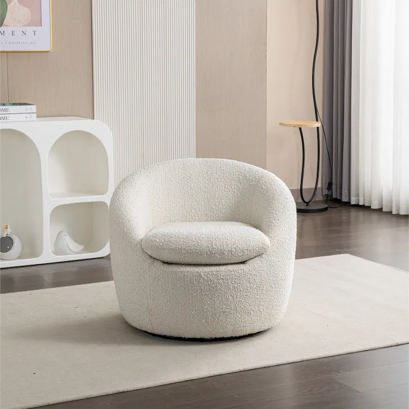 Fauteuil tonneau pivotant rembourré en tissu bouclette blanc crème 31