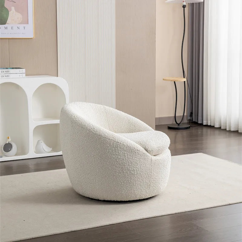 Fauteuil tonneau pivotant rembourré en tissu bouclette blanc crème 31