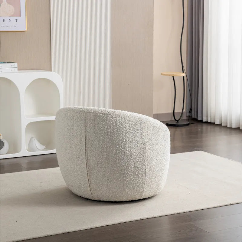 Fauteuil tonneau pivotant rembourré en tissu bouclette blanc crème 31