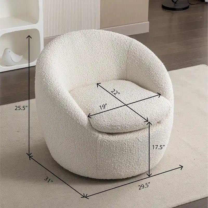 Fauteuil tonneau pivotant rembourré en tissu bouclette blanc crème 31