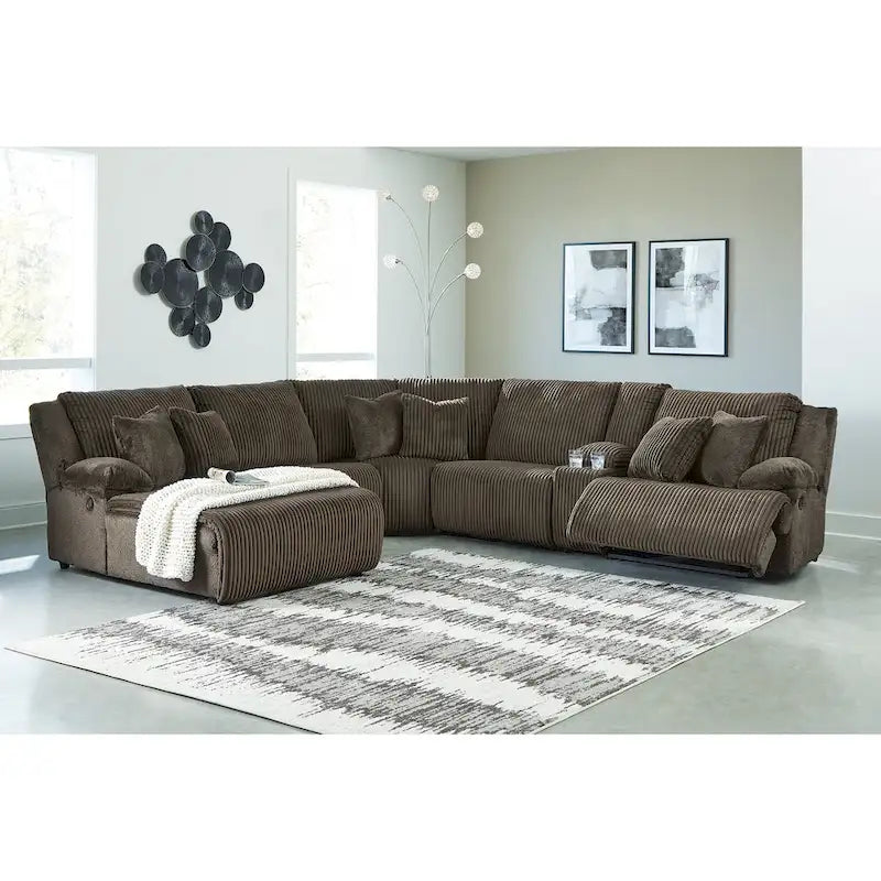 Canapé d'angle inclinable 6 places marron haut de gamme avec méridienne - 147L x 134P x 41H