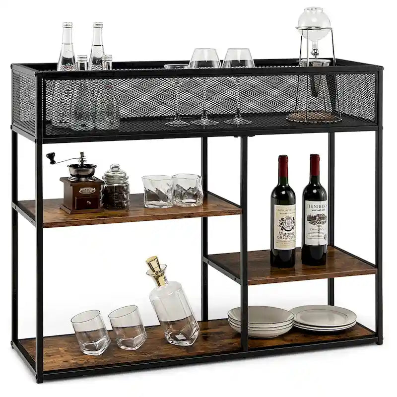 Console 4 niveaux avec panier métallique Table de canapé étroite avec étagère