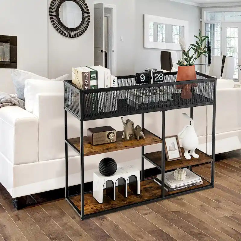Console 4 niveaux avec panier métallique Table de canapé étroite avec étagère