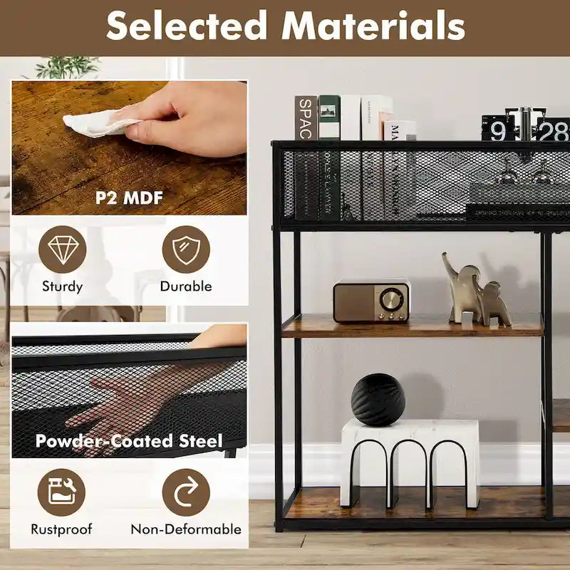 Console 4 niveaux avec panier métallique Table de canapé étroite avec étagère