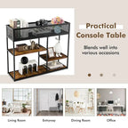 Console 4 niveaux avec panier métallique Table de canapé étroite avec étagère