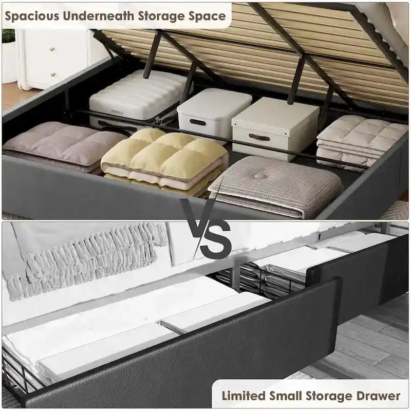 Lit plateforme capitonné en velours gris grand format de style moderne avec rangement pour chambre à coucher