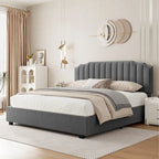 Lit plateforme capitonné en velours gris grand format de style moderne avec rangement pour chambre à coucher