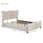 Lit plateforme beige en velours pleine grandeur avec tête et pied de lit distinctifs
