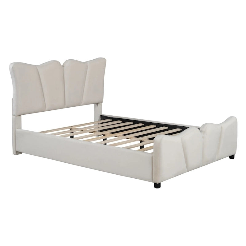 Lit plateforme beige en velours pleine grandeur avec tête et pied de lit distinctifs