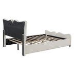 Lit plateforme beige en velours pleine grandeur avec tête et pied de lit distinctifs