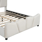 Lit plateforme beige en velours pleine grandeur avec tête et pied de lit distinctifs