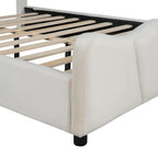 Lit plateforme beige en velours pleine grandeur avec tête et pied de lit distinctifs