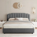 Lit plateforme gris pleine taille en velours capitonné avec espace de rangement