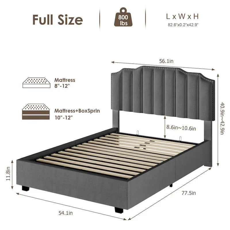 Lit plateforme gris pleine taille en velours capitonné avec espace de rangement