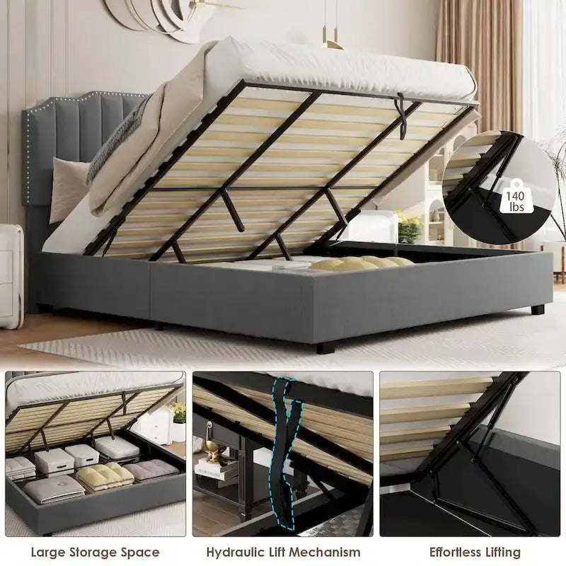 Lit plateforme gris pleine taille en velours capitonné avec espace de rangement