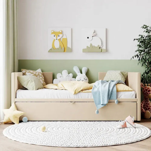 Lit de repos jumeau rembourré beige avec lit gigogne escamotable