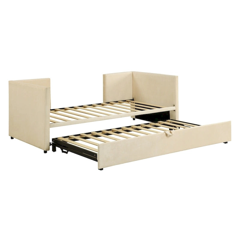 Lit de repos jumeau rembourré beige avec lit gigogne escamotable