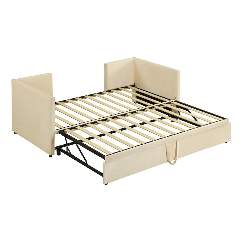 Lit de repos jumeau rembourré beige avec lit gigogne escamotable