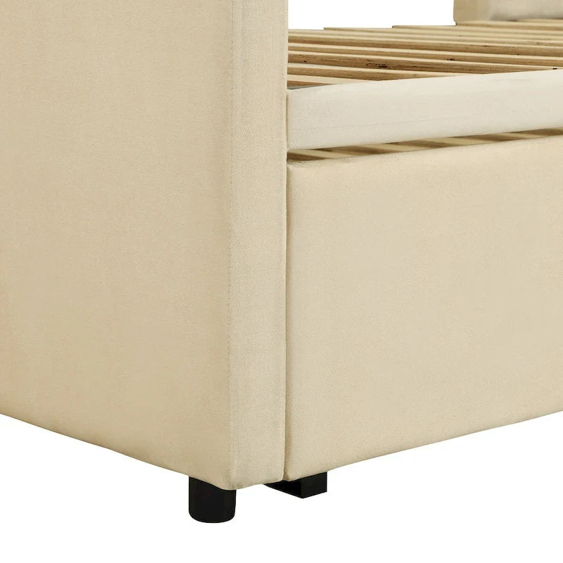 Lit de repos jumeau rembourré beige avec lit gigogne escamotable
