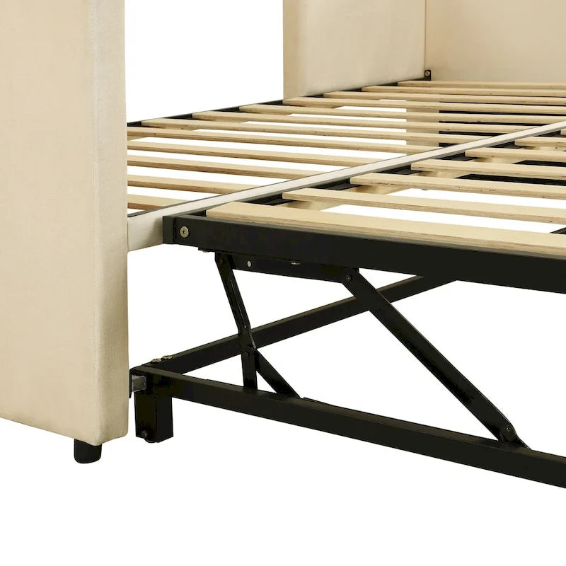 Lit de repos jumeau rembourré beige avec lit gigogne escamotable