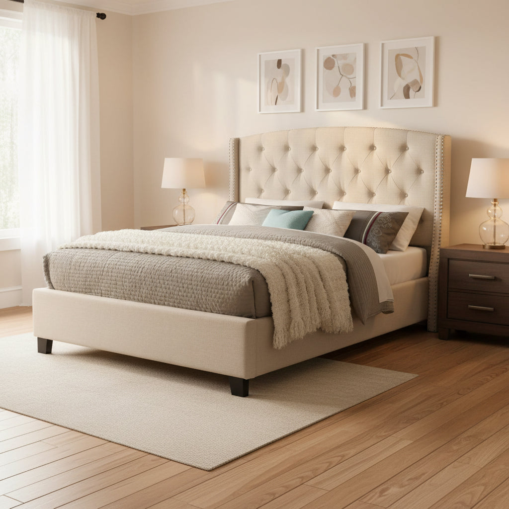 Lit plateforme rembourré en polyester beige avec tête de lit capitonnée à oreilles