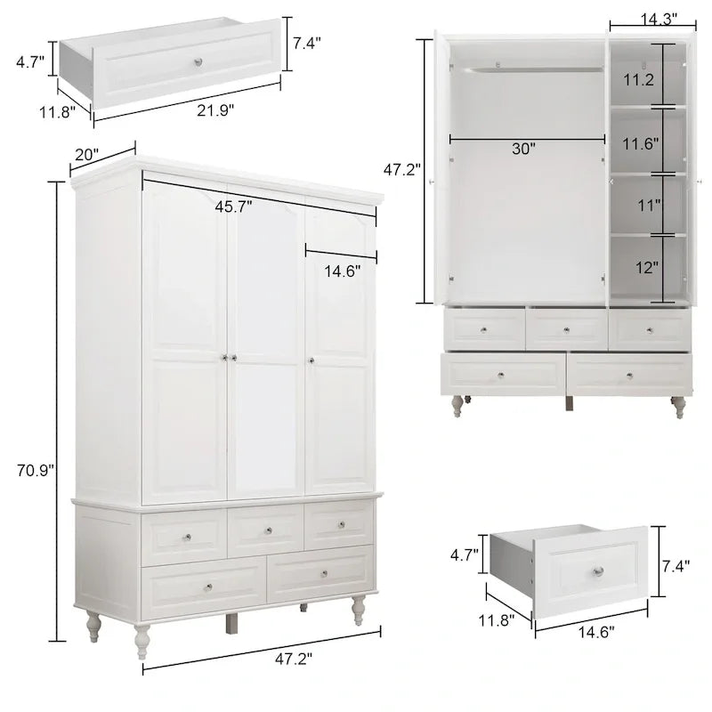 Armoires penderies blanches laquées de 180 cm de haut avec portes miroir