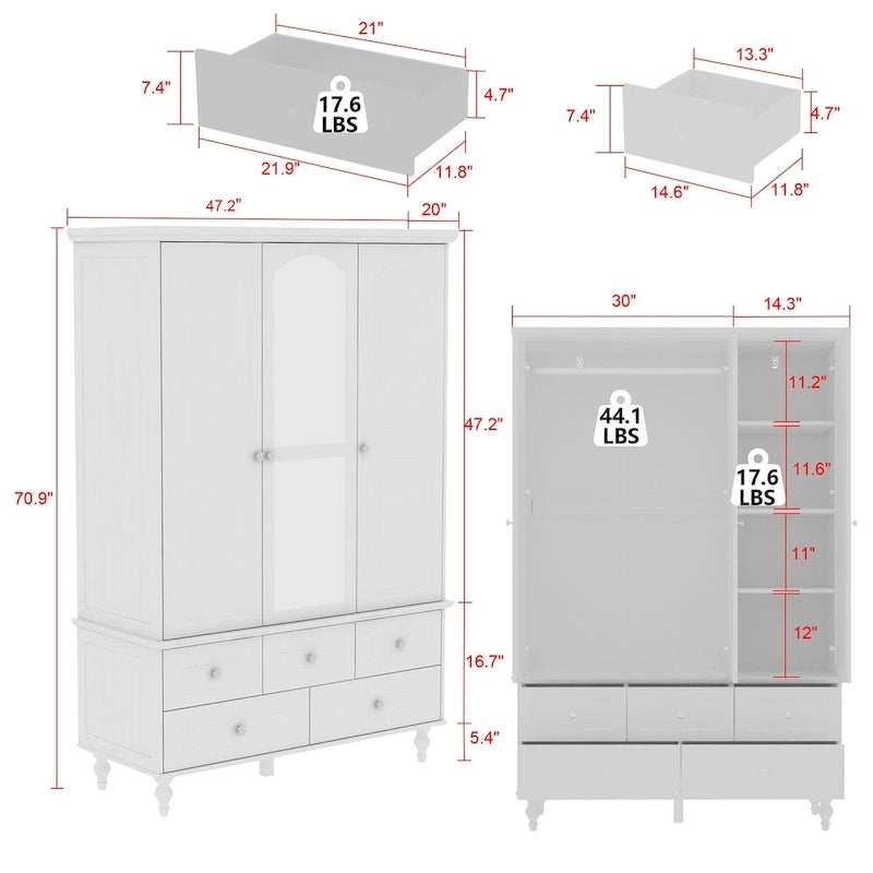 Armoires penderies blanches laquées de 180 cm de haut avec portes miroir