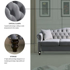 [Vidéo] Canapé Chesterfield 79 en Velours Gris pour Salon, Canapé 3 Places Capitonné avec Accoudoirs Ronds et Clous pour Salo