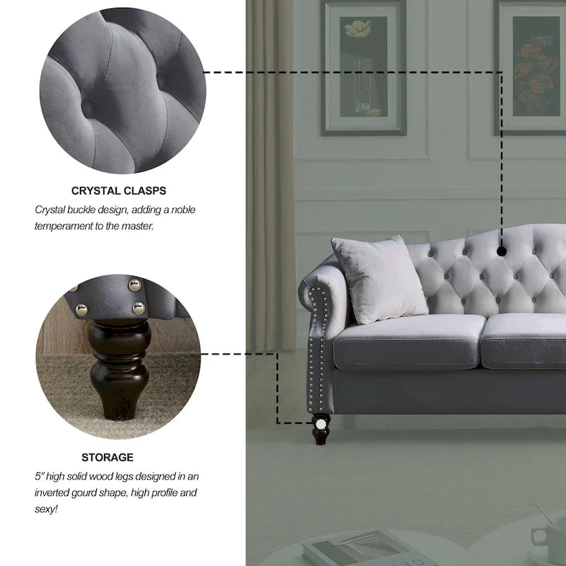[Vidéo] Canapé Chesterfield 79 en Velours Gris pour Salon, Canapé 3 Places Capitonné avec Accoudoirs Ronds et Clous pour Salo