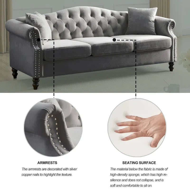 [Vidéo] Canapé Chesterfield 79 en Velours Gris pour Salon, Canapé 3 Places Capitonné avec Accoudoirs Ronds et Clous pour Salo