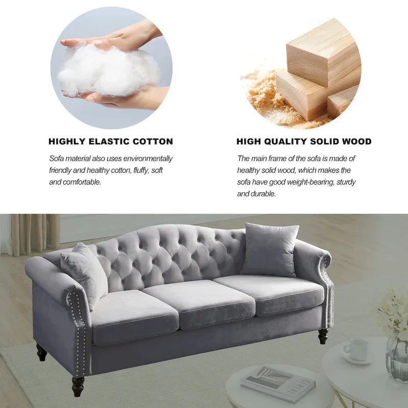 [Vidéo] Canapé Chesterfield 79 en Velours Gris pour Salon, Canapé 3 Places Capitonné avec Accoudoirs Ronds et Clous pour Salo
