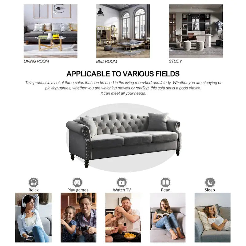 [Vidéo] Canapé Chesterfield 79 en Velours Gris pour Salon, Canapé 3 Places Capitonné avec Accoudoirs Ronds et Clous pour Salo