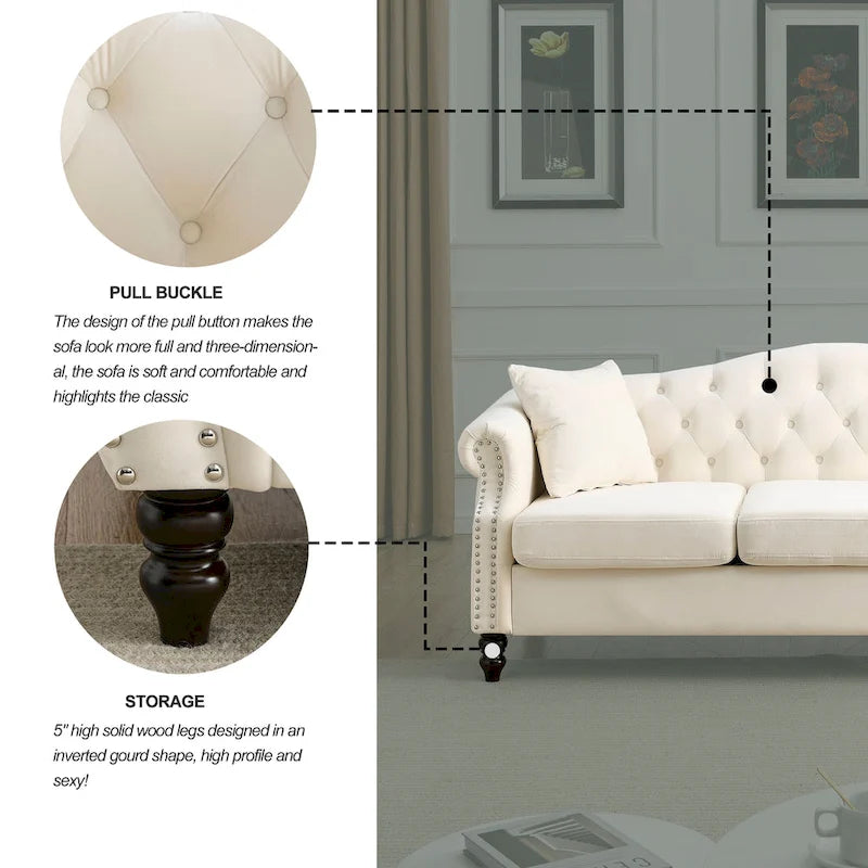 [Vidéo] Canapé Chesterfield 79 en Velours Gris pour Salon, Canapé 3 Places Capitonné avec Accoudoirs Ronds et Clous pour Salo