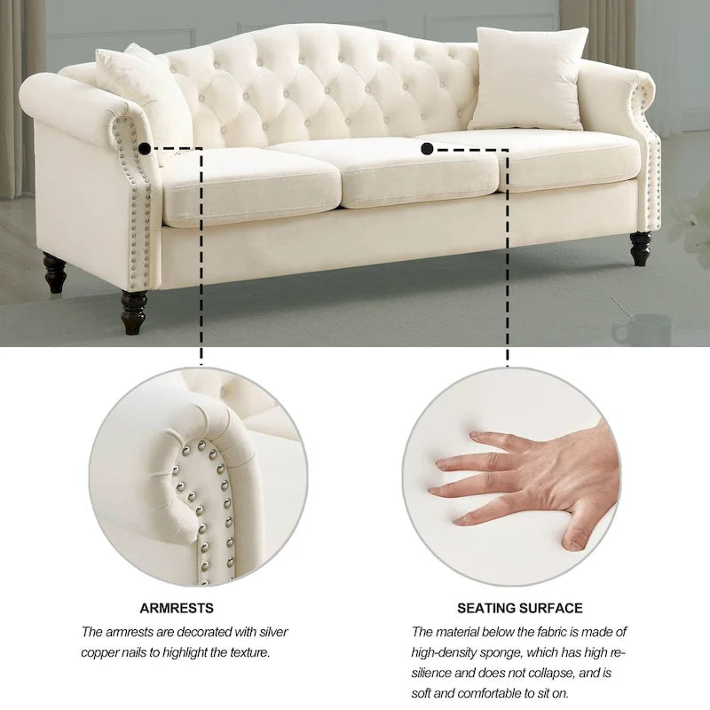 [Vidéo] Canapé Chesterfield 79 en Velours Gris pour Salon, Canapé 3 Places Capitonné avec Accoudoirs Ronds et Clous pour Salo