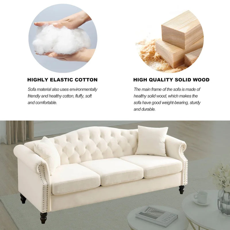 [Vidéo] Canapé Chesterfield 79 en Velours Gris pour Salon, Canapé 3 Places Capitonné avec Accoudoirs Ronds et Clous pour Salo