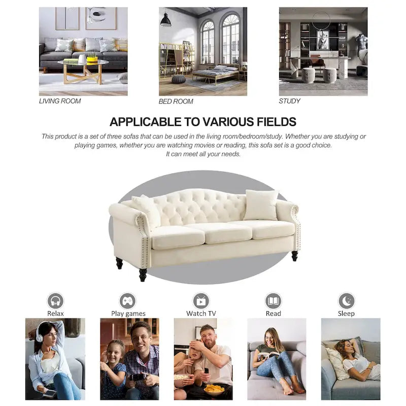 [Vidéo] Canapé Chesterfield 79 en Velours Gris pour Salon, Canapé 3 Places Capitonné avec Accoudoirs Ronds et Clous pour Salo