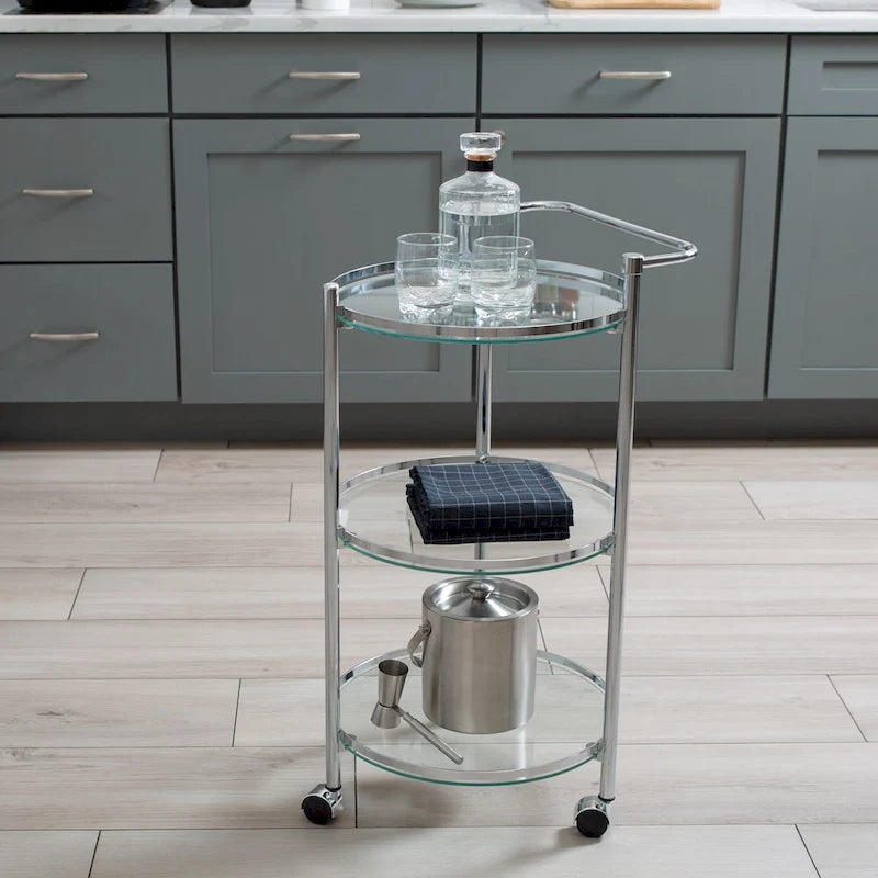 Desserte roulante circulaire en verre trempé – 15,25 x 16,75 x 29,75