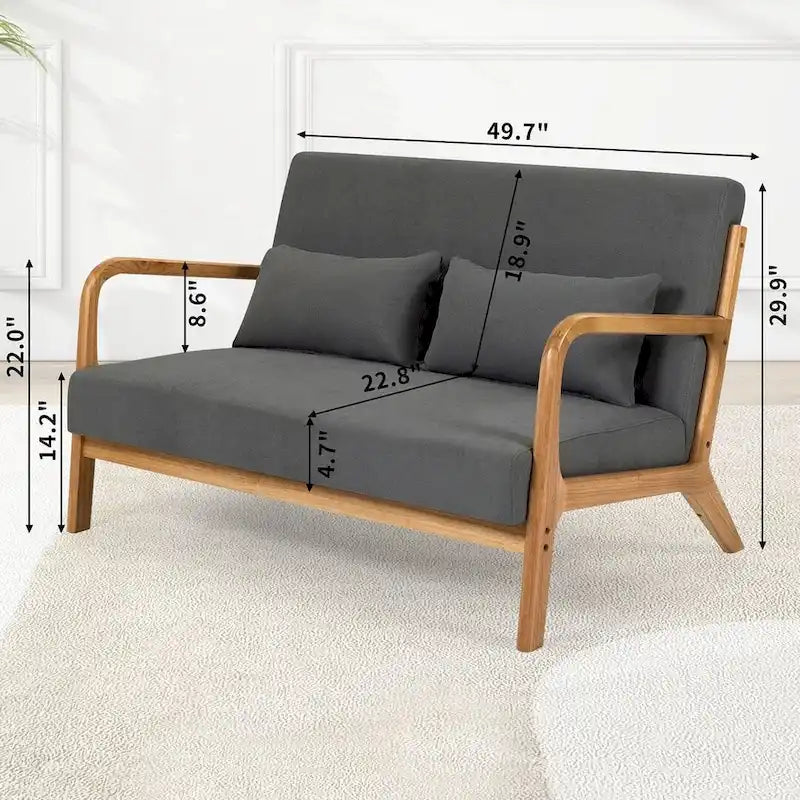 Canapé d'appoint rembourré du milieu du siècle en bois massif pour 2 personnes