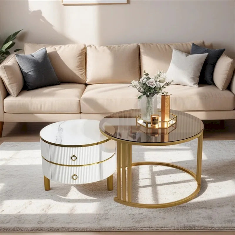Tables basses gigognes, tables d'appoint avec plateau en verre trempé marron, 2 pièces