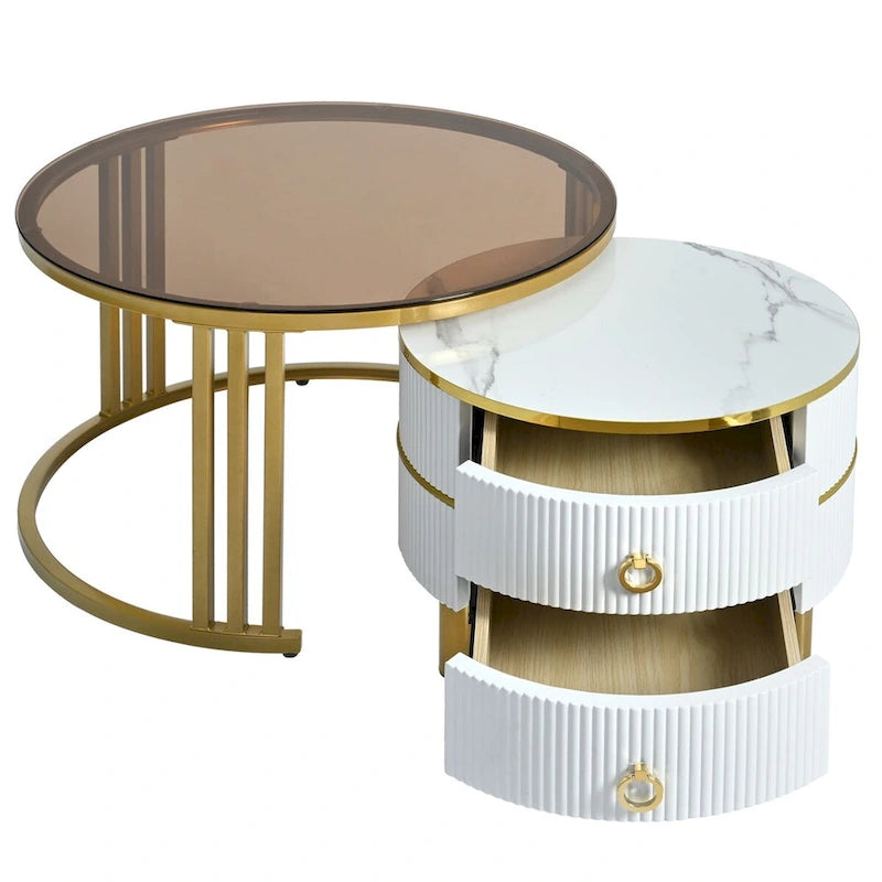 Tables basses gigognes, tables d'appoint avec plateau en verre trempé marron, 2 pièces