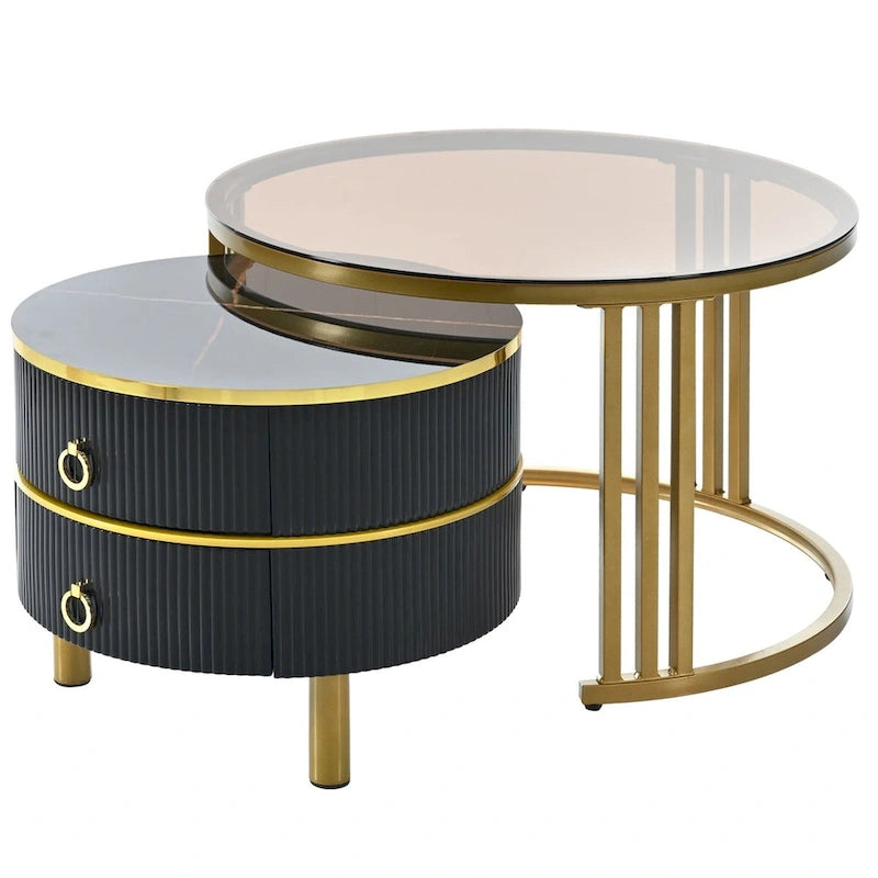 Tables basses gigognes, tables d'appoint avec plateau en verre trempé marron, 2 pièces