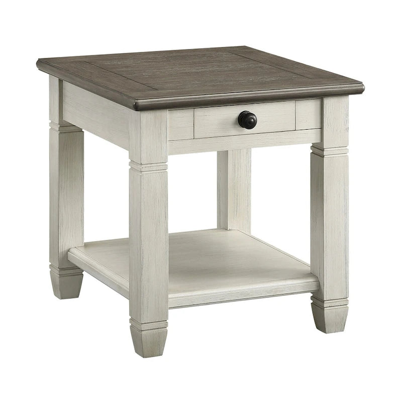 Table d'appoint Rome de 26 pouces, carrée, 1 tiroir, marron, blanc, bois massif