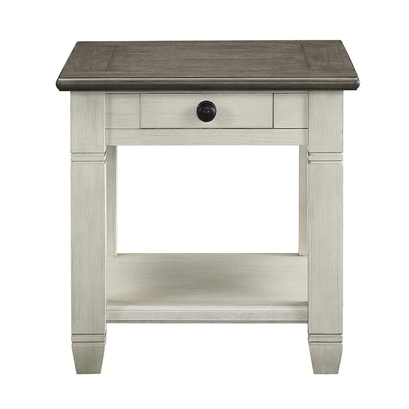 Table d'appoint Rome de 26 pouces, carrée, 1 tiroir, marron, blanc, bois massif