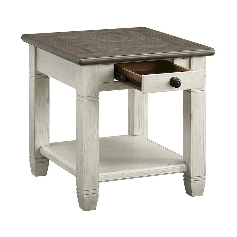 Table d'appoint Rome de 26 pouces, carrée, 1 tiroir, marron, blanc, bois massif