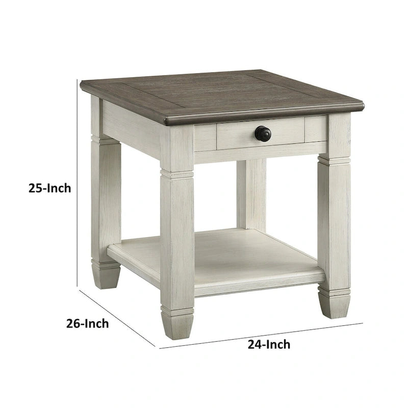 Table d'appoint Rome de 26 pouces, carrée, 1 tiroir, marron, blanc, bois massif
