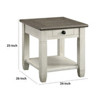 Table d'appoint Rome de 26 pouces, carrée, 1 tiroir, marron, blanc, bois massif